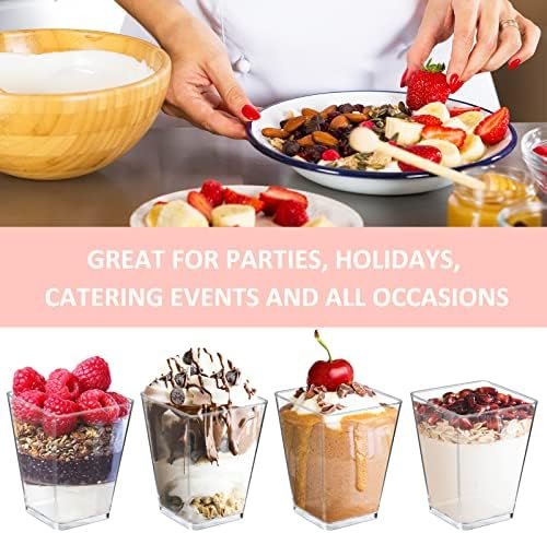 Eupako 100 Pack 5 oz Square Clear Plastic Dessert Cups with Spoons Small Clear Plastic Tumbler Cups Great for Desserts, Appetizers, Puddings, Mousse, Parfait Dessert Bowls - Image 4
