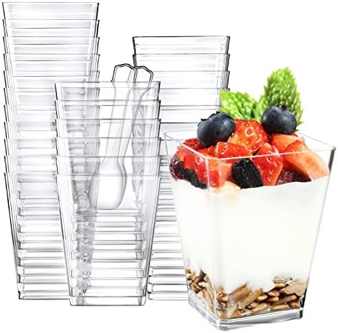 Eupako 100 Pack 5 oz Square Clear Plastic Dessert Cups with Spoons Small Clear Plastic Tumbler Cups Great for Desserts, Appetizers, Puddings, Mousse, Parfait Dessert Bowls