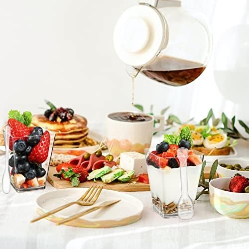 Eupako 100 Pack 5 oz Square Clear Plastic Dessert Cups with Spoons Small Clear Plastic Tumbler Cups Great for Desserts, Appetizers, Puddings, Mousse, Parfait Dessert Bowls - Image 6