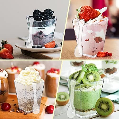 Eupako 100 Pack 5 oz Square Clear Plastic Dessert Cups with Spoons Small Clear Plastic Tumbler Cups Great for Desserts, Appetizers, Puddings, Mousse, Parfait Dessert Bowls - Image 5