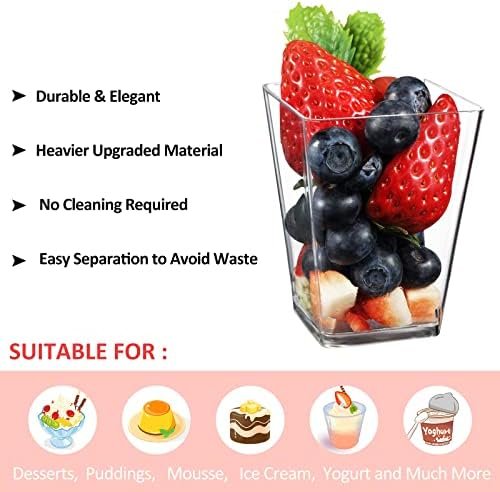 Eupako 100 Pack 5 oz Square Clear Plastic Dessert Cups with Spoons Small Clear Plastic Tumbler Cups Great for Desserts, Appetizers, Puddings, Mousse, Parfait Dessert Bowls - Image 3