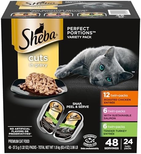 22% OFF : Sheba Perfect Portions Wet Cat Food Cuts in Gravy Variety Pack, Roasted Chicken Entree, with Sustainable Salmon, and Tender Turkey Entree, 2.6 oz. Twin-Pack Trays (24 Count, 48 Servings)
