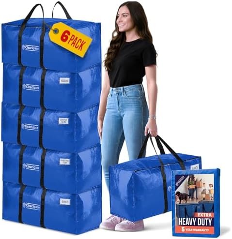 ClearSpace Extra Heavy Duty Moving Bags with Zipper, 6 Pack – Extra Large Storage Bags for Clothes, Moving Boxes or Packing for Organization - Clothing Storage with Carrying Handles